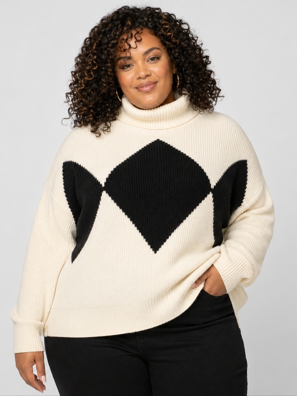 ELOQUII Size 18/20 Long Sleeve Pullover Cream & Black Argyle Turtleneck Sweater